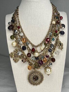 Multi-Strand Gold Chain Necklace With Colorful Beads Faux Pearls